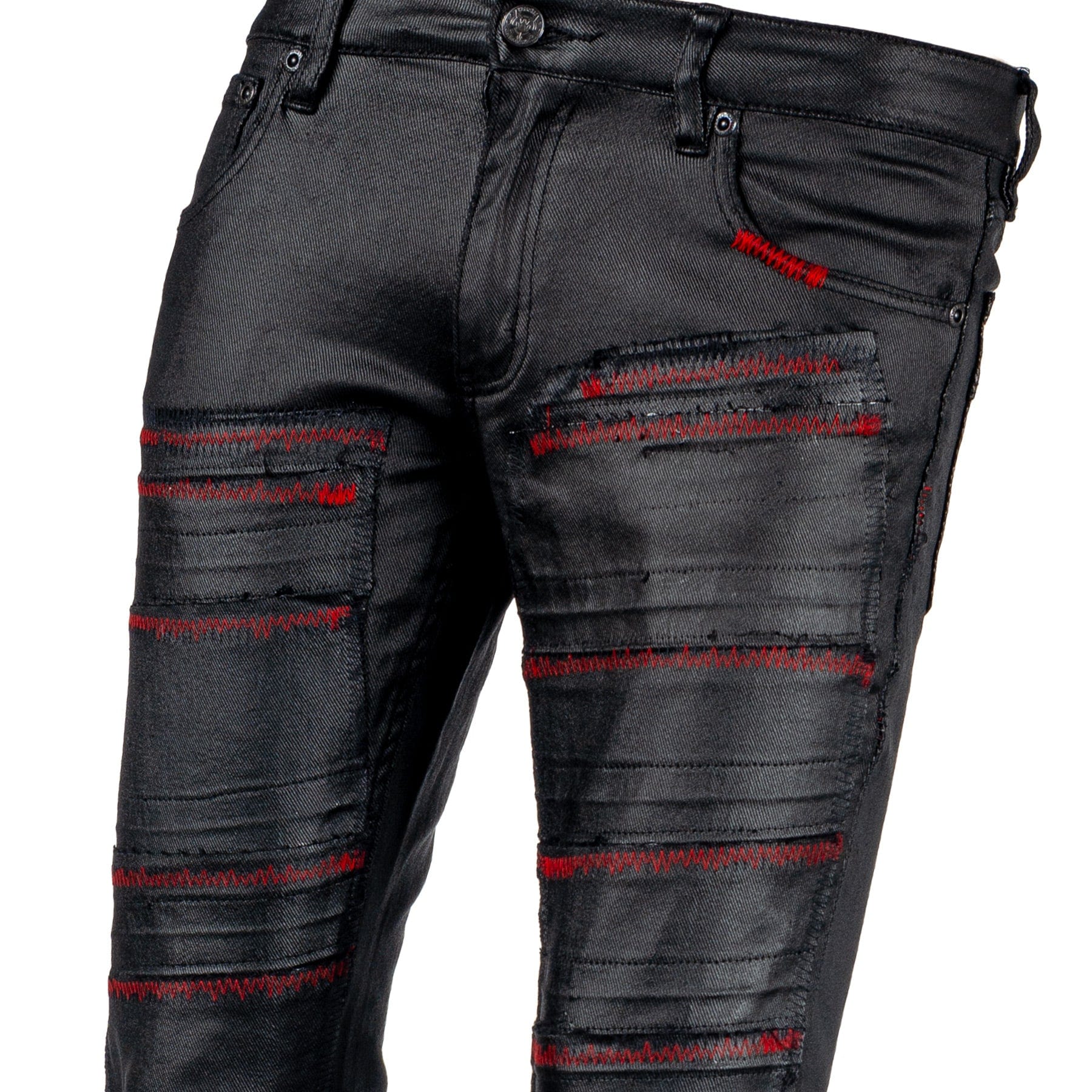 Custom Chop Shop Pants Wornstar Custom Jeans - Black Waxed Bandage with Red Stitching