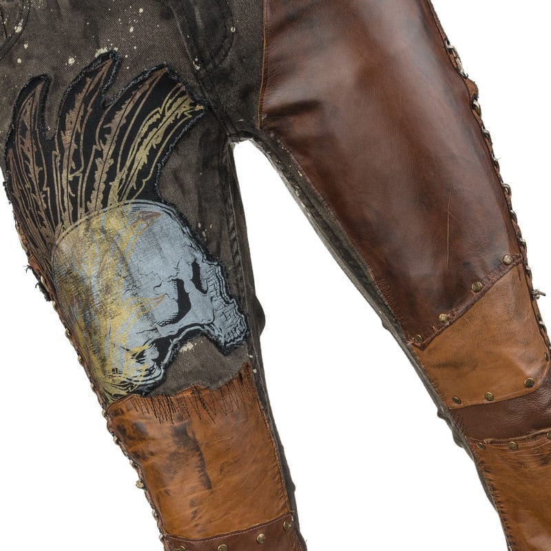 Custom Chop Shop Pants Wornstar Custom Jeans - Brown Leather Patchwork