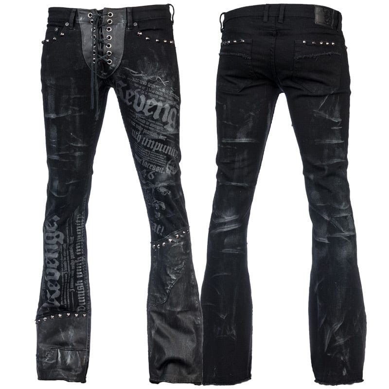 Wornstar Clothing mens custom pants. Handmade custom denim and leather rock pants. Rocker style black stretch denim custom made stage pants.