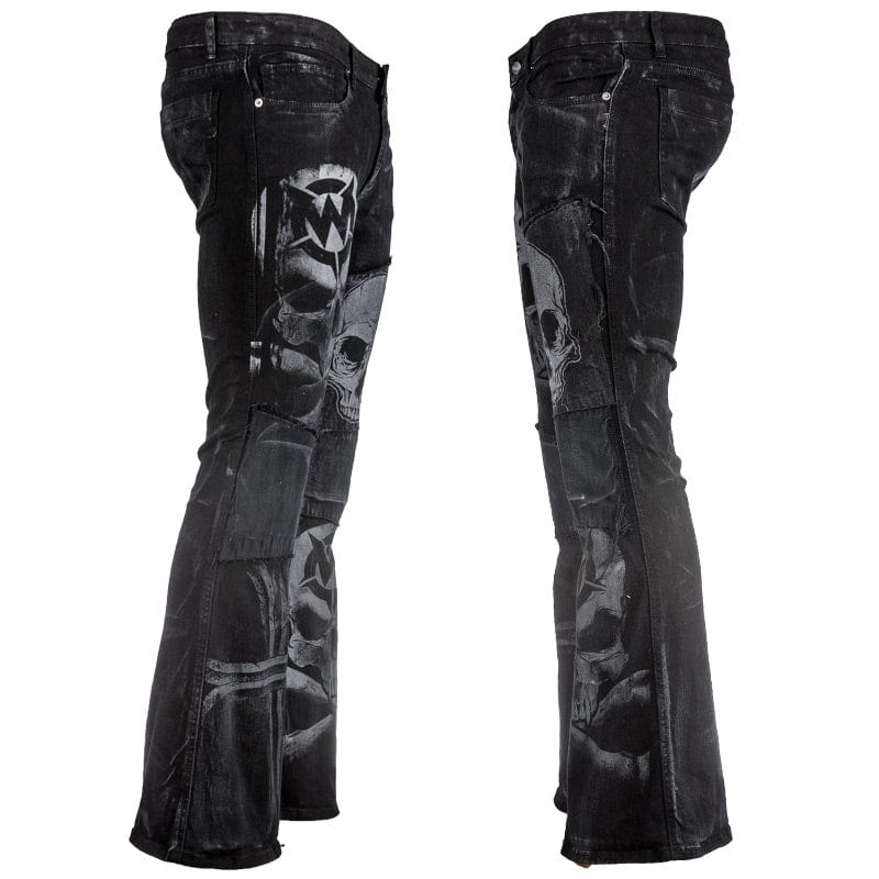 Wornstar Clothing mens custom pants. Handmade custom denim and leather rock pants. Rocker style black stretch denim custom made stage pants.