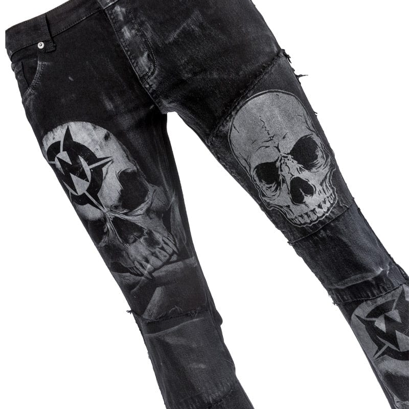 Wornstar Clothing mens custom pants. Handmade custom denim and leather rock pants. Rocker style black stretch denim custom made stage pants.