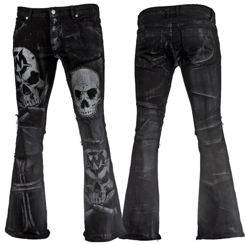 Wornstar Clothing mens custom pants. Handmade custom denim and leather rock pants. Rocker style black stretch denim custom made stage pants.