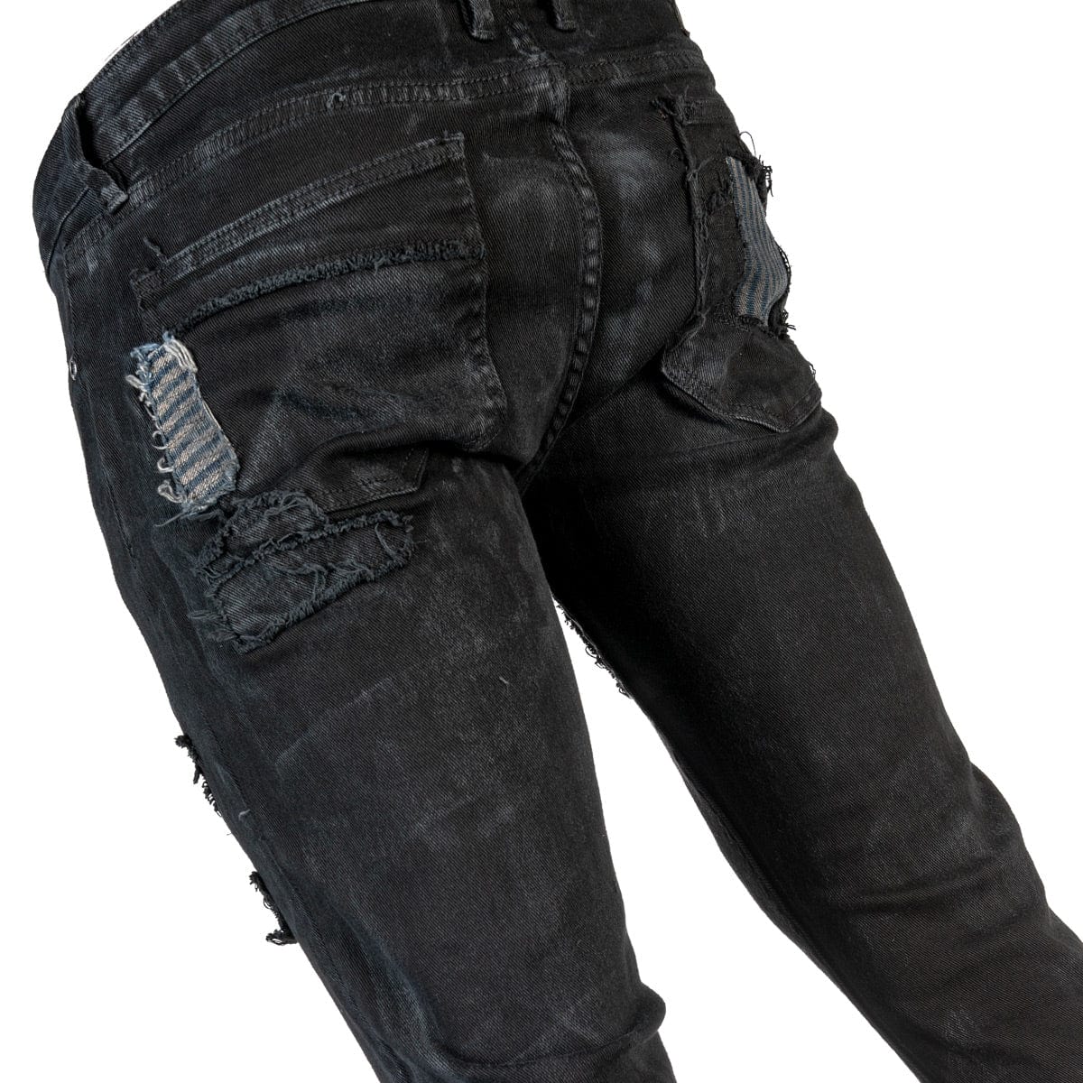 Wornstar Clothing mens custom pants. Handmade custom denim and leather rock pants. Rocker style black stretch denim custom made stage pants.