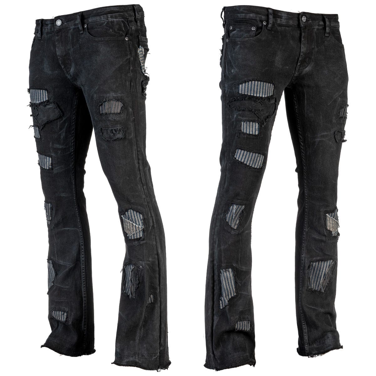 Wornstar Clothing mens custom pants. Handmade custom denim and leather rock pants. Rocker style black stretch denim custom made stage pants.