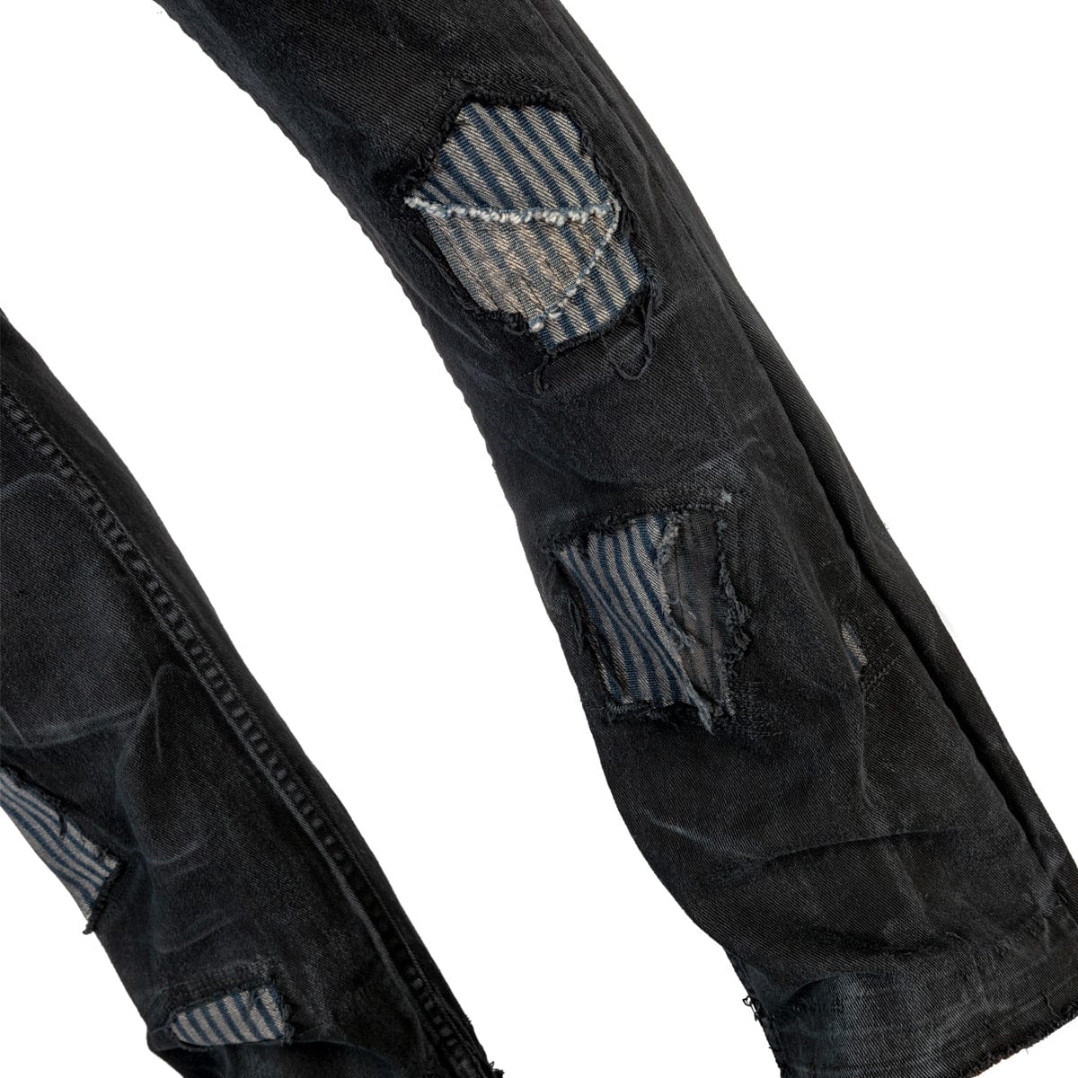 Wornstar Clothing mens custom pants. Handmade custom denim and leather rock pants. Rocker style black stretch denim custom made stage pants.