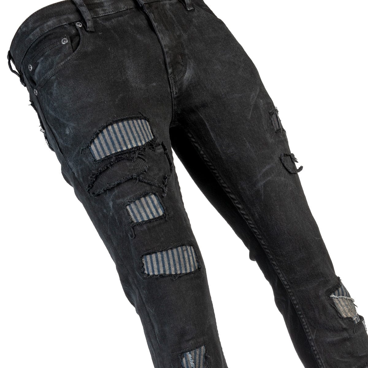 Wornstar Clothing mens custom pants. Handmade custom denim and leather rock pants. Rocker style black stretch denim custom made stage pants.