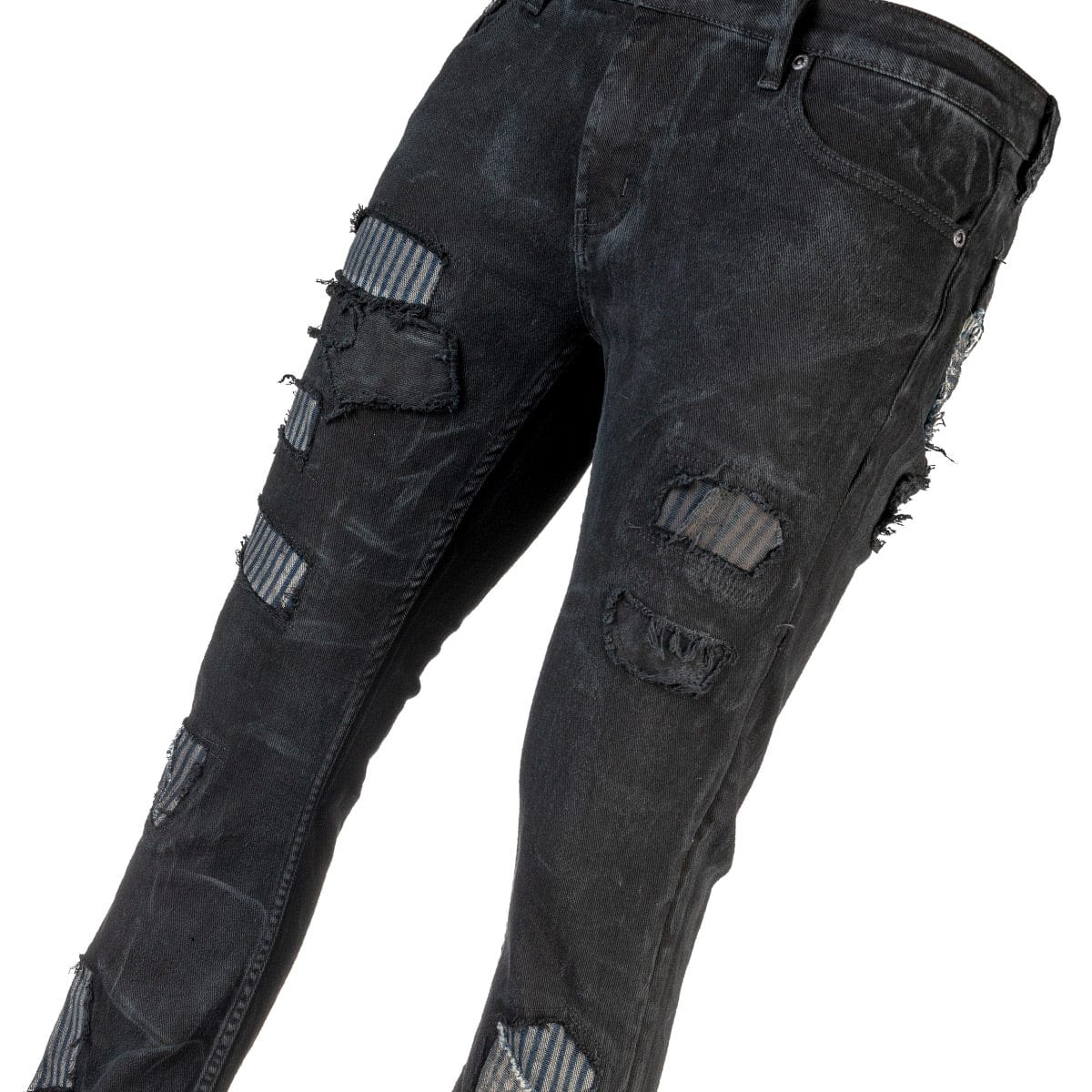 Wornstar Clothing mens custom pants. Handmade custom denim and leather rock pants. Rocker style black stretch denim custom made stage pants.