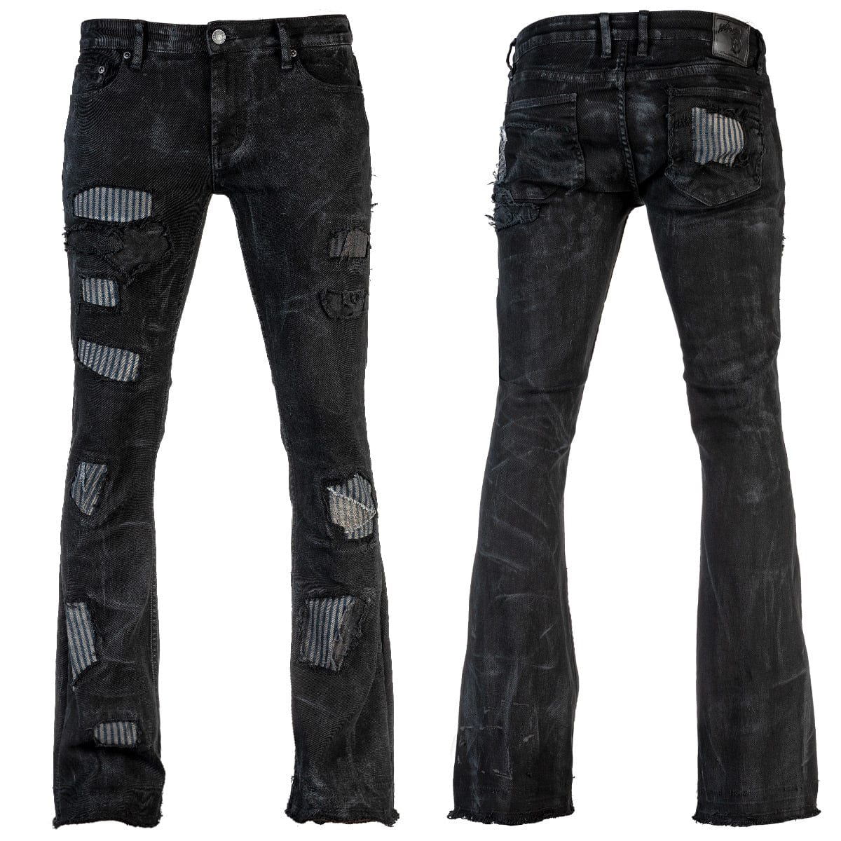 Wornstar Clothing mens custom pants. Handmade custom denim and leather rock pants. Rocker style black stretch denim custom made stage pants.