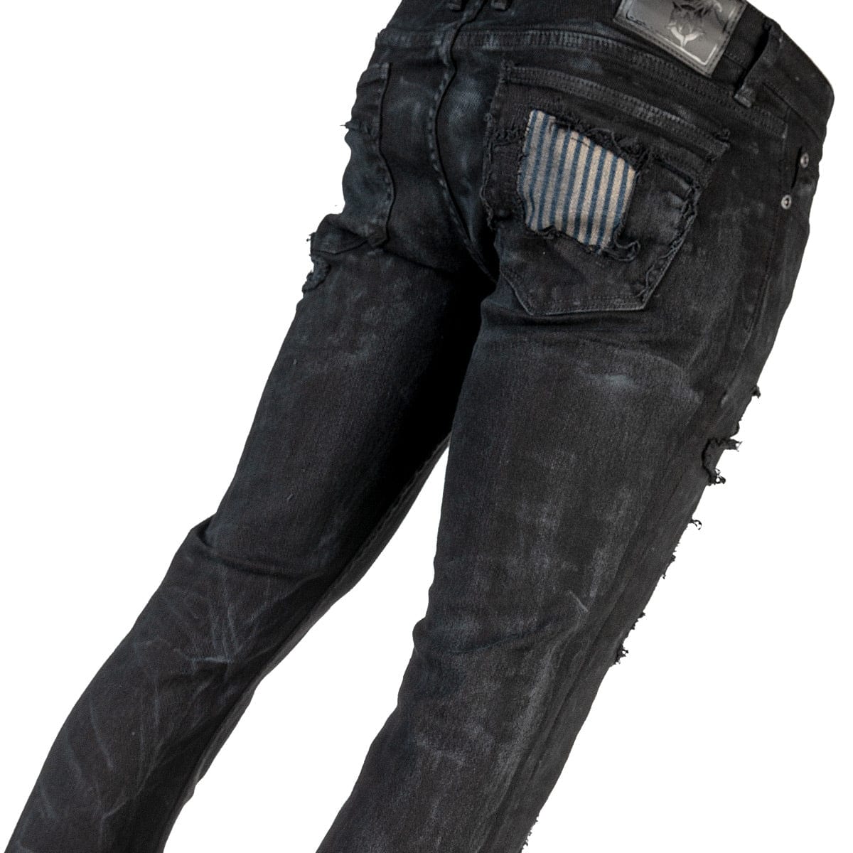 Wornstar Clothing mens custom pants. Handmade custom denim and leather rock pants. Rocker style black stretch denim custom made stage pants.