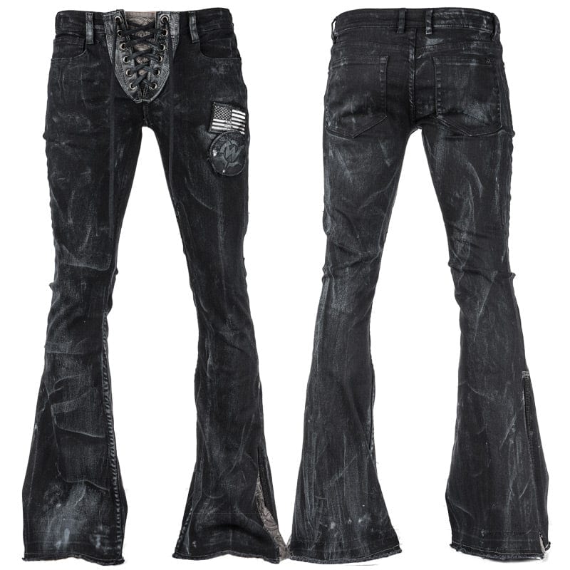 Wornstar Clothing mens custom pants. Handmade custom denim and leather rock pants. Rocker style black stretch denim custom made stage pants.