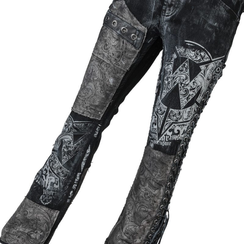 Wornstar Clothing mens custom pants. Handmade custom denim and leather rock pants. Rocker style black stretch denim custom made stage pants.