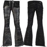 Wornstar Clothing mens custom pants. Handmade custom denim and leather rock pants. Rocker style black stretch denim custom made stage pants.