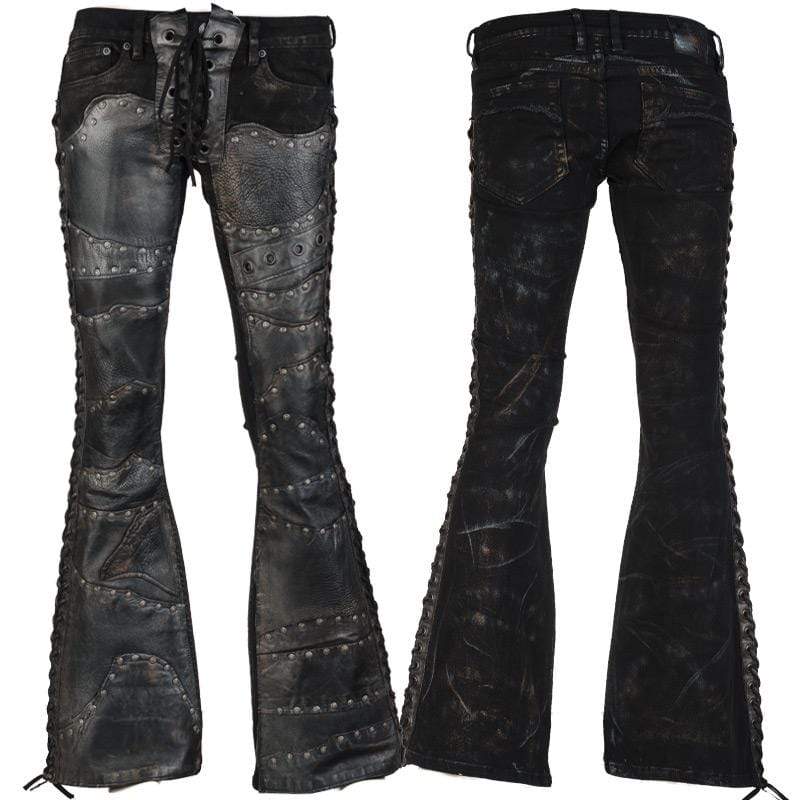 Wornstar Clothing mens custom pants. Handmade custom denim and leather rock pants. Rocker style black stretch denim custom made stage pants.