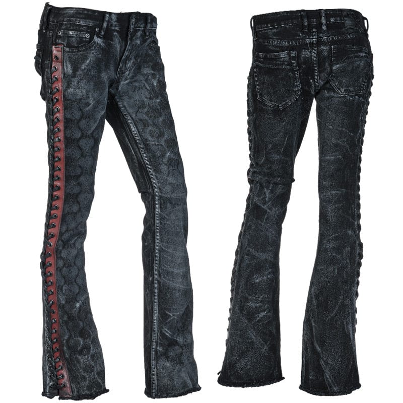 Wornstar Clothing mens custom pants. Handmade custom denim and leather rock pants. Rocker style black stretch denim custom made stage pants.