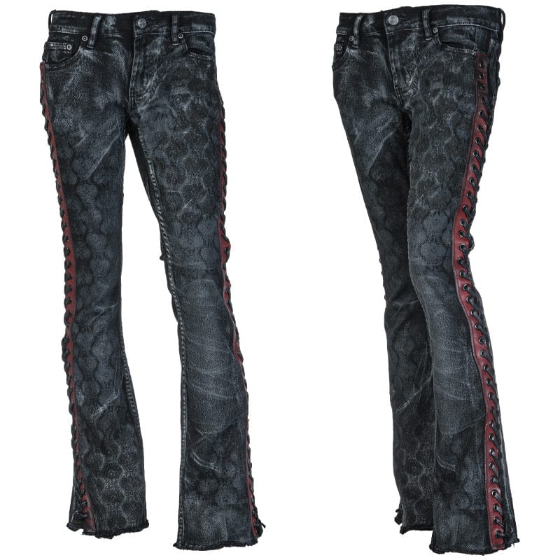 Wornstar Clothing mens custom pants. Handmade custom denim and leather rock pants. Rocker style black stretch denim custom made stage pants.