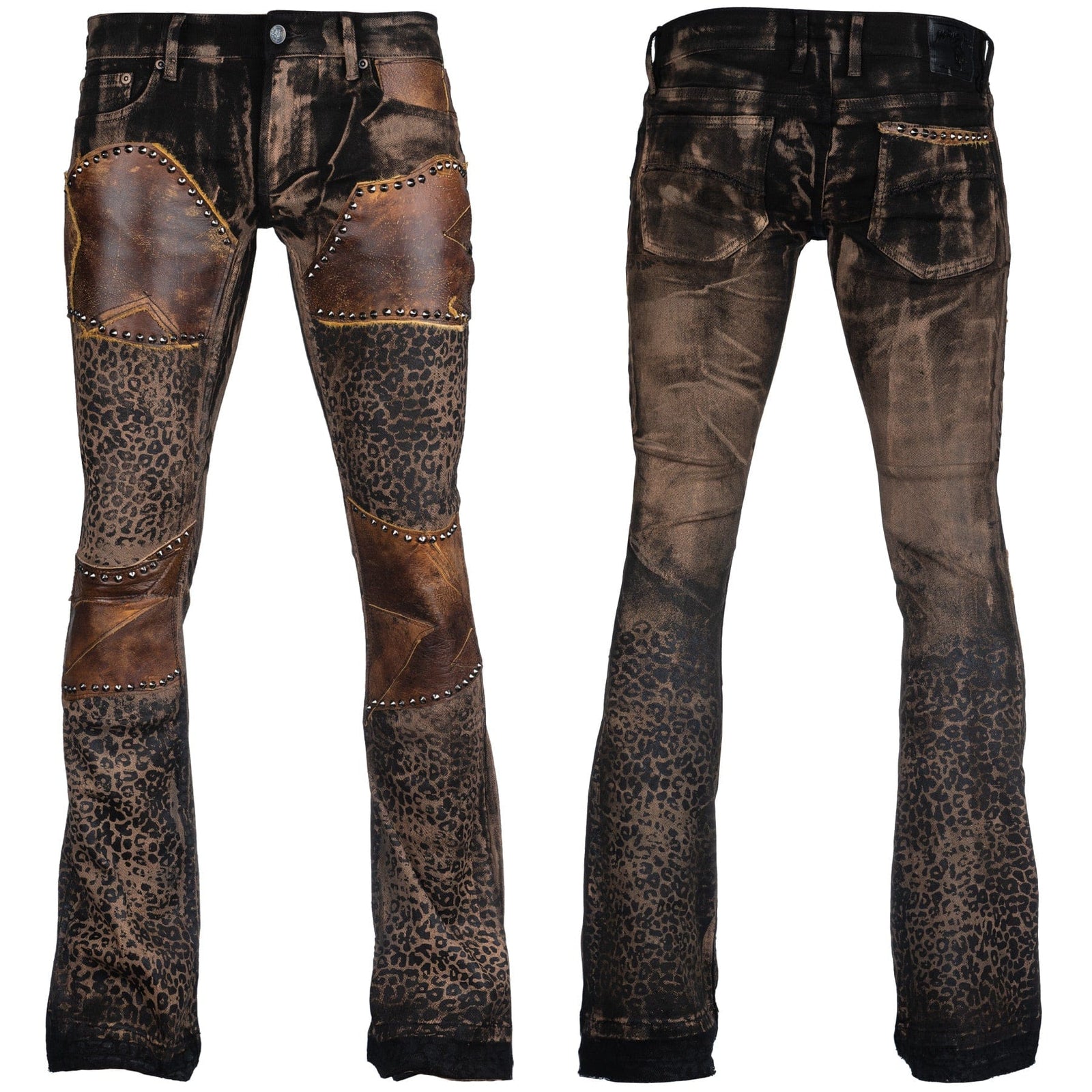 Wornstar Clothing mens custom pants. Handmade custom denim and leather rock pants. Rocker style black stretch denim custom made stage pants.