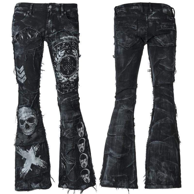 Wornstar Clothing mens custom pants. Handmade custom denim and leather rock pants. Rocker style black stretch denim custom made stage pants.