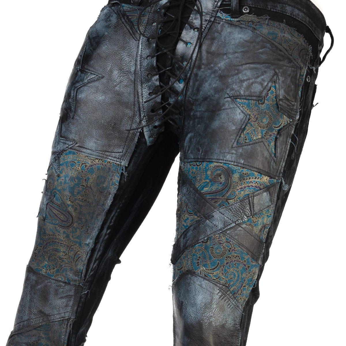 Wornstar Clothing mens custom pants. Handmade custom denim and leather rock pants. Rocker style black stretch denim custom made stage pants.