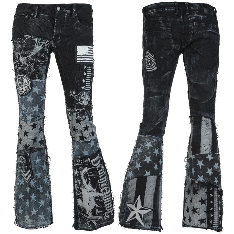 Wornstar Clothing mens custom pants. Handmade custom denim and leather rock pants. Rocker style black stretch denim custom made stage pants.