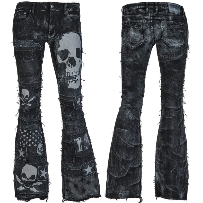 Wornstar Clothing mens custom pants. Handmade custom denim and leather rock pants. Rocker style black stretch denim custom made stage pants.