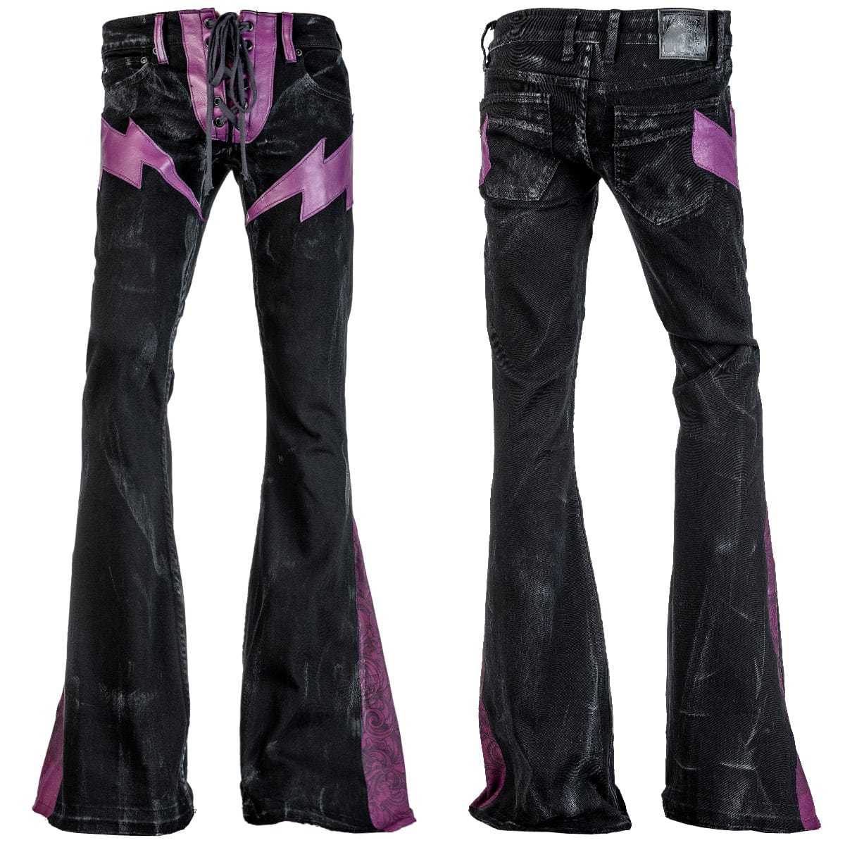 Wornstar Clothing mens custom pants. Handmade custom denim and leather rock pants. Rocker style black stretch denim custom made stage pants.