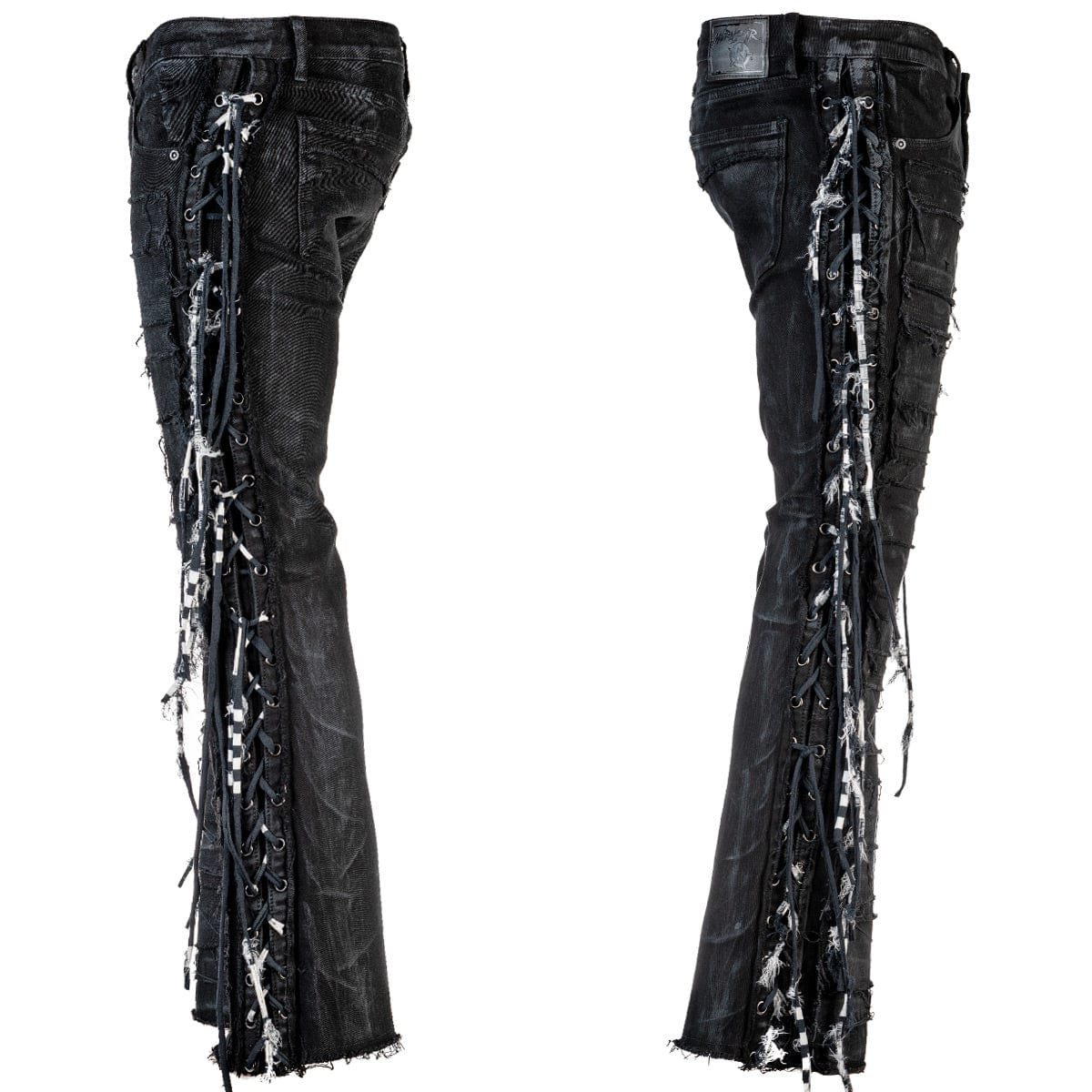 Wornstar Clothing mens custom pants. Handmade custom denim and leather rock pants. Rocker style black stretch denim custom made stage pants.