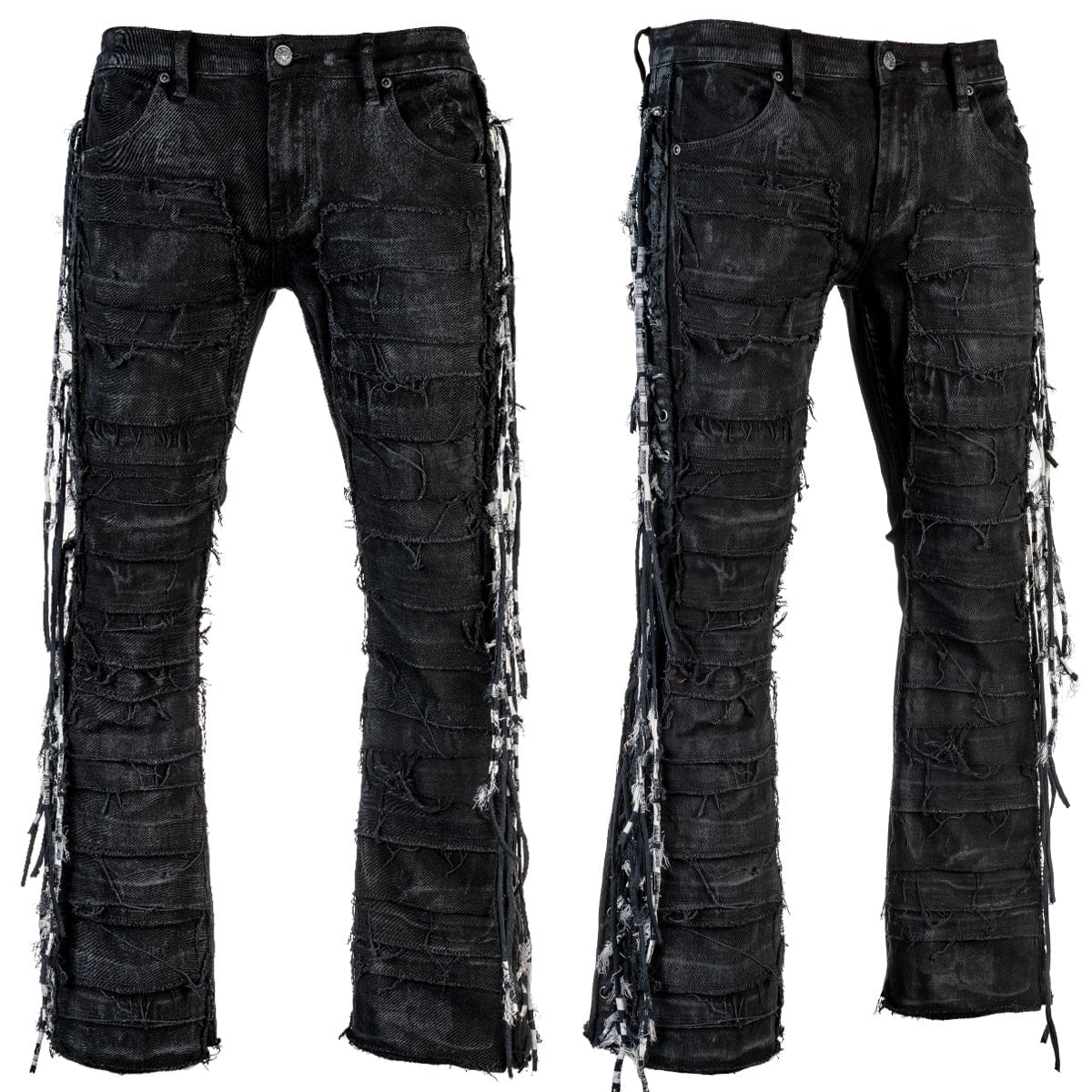 Wornstar Clothing mens custom pants. Handmade custom denim and leather rock pants. Rocker style black stretch denim custom made stage pants.