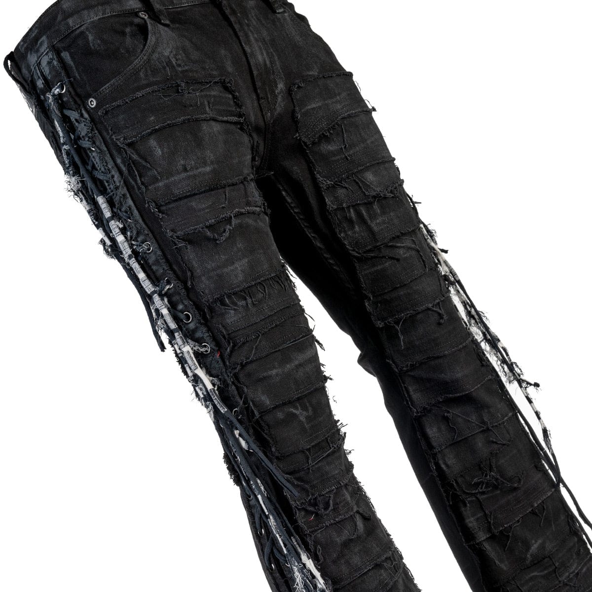 Wornstar Clothing mens custom pants. Handmade custom denim and leather rock pants. Rocker style black stretch denim custom made stage pants.