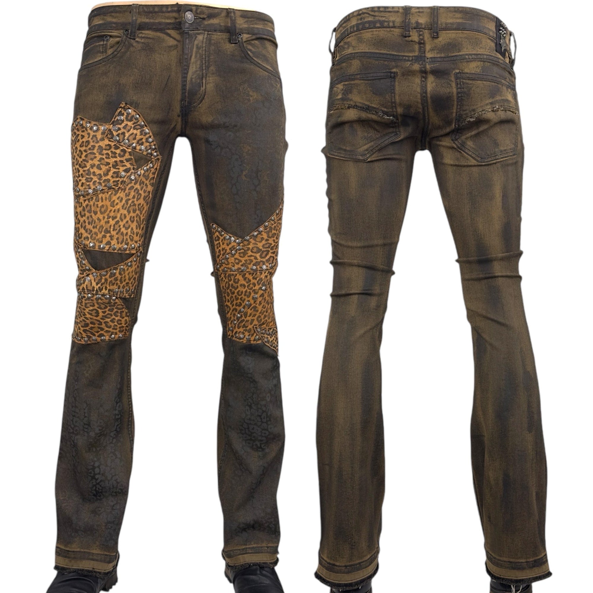 Custom Chop Shop Pants Wornstar Custom Jeans - Ready to ship - Leopard Leather Patchwork - Size 32x34