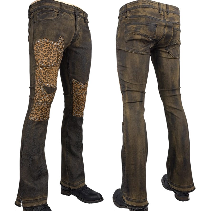 Custom Chop Shop Pants Wornstar Custom Jeans - Ready to ship - Leopard Leather Patchwork - Size 32x34