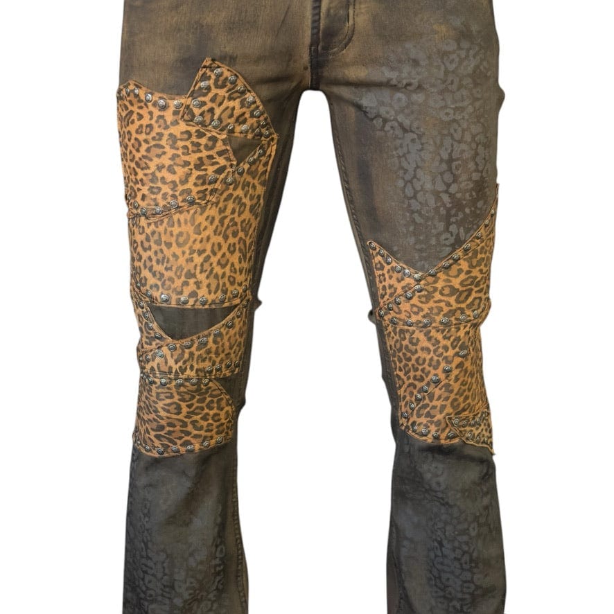 Custom Chop Shop Pants Wornstar Custom Jeans - Ready to ship - Leopard Leather Patchwork - Size 32x34