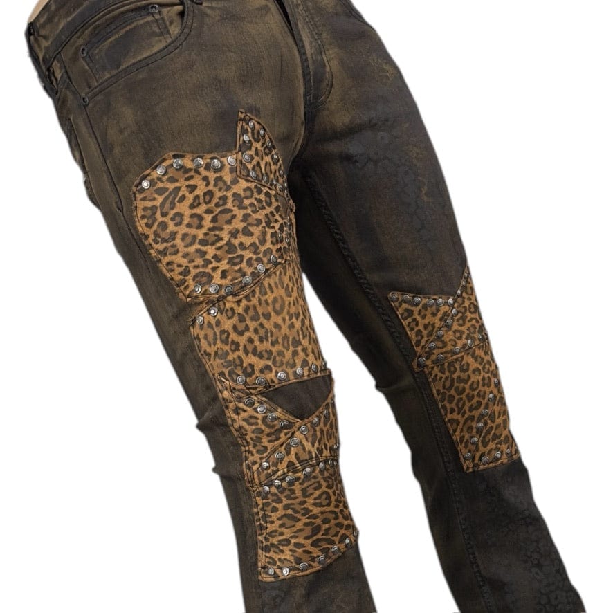 Custom Chop Shop Pants Wornstar Custom Jeans - Ready to ship - Leopard Leather Patchwork - Size 32x34