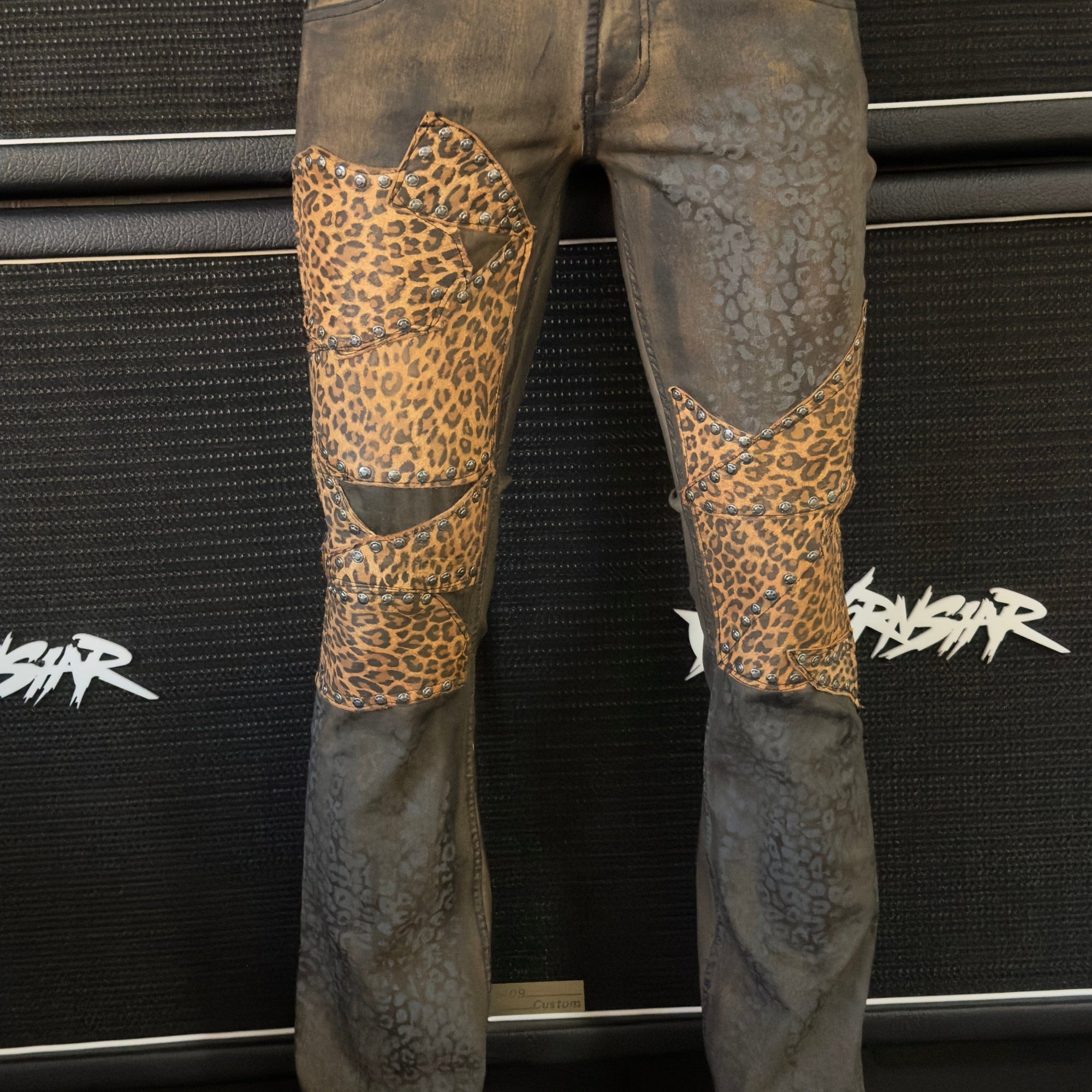 Custom Chop Shop Pants Wornstar Custom Jeans - Ready to ship - Leopard Leather Patchwork - Size 32x34