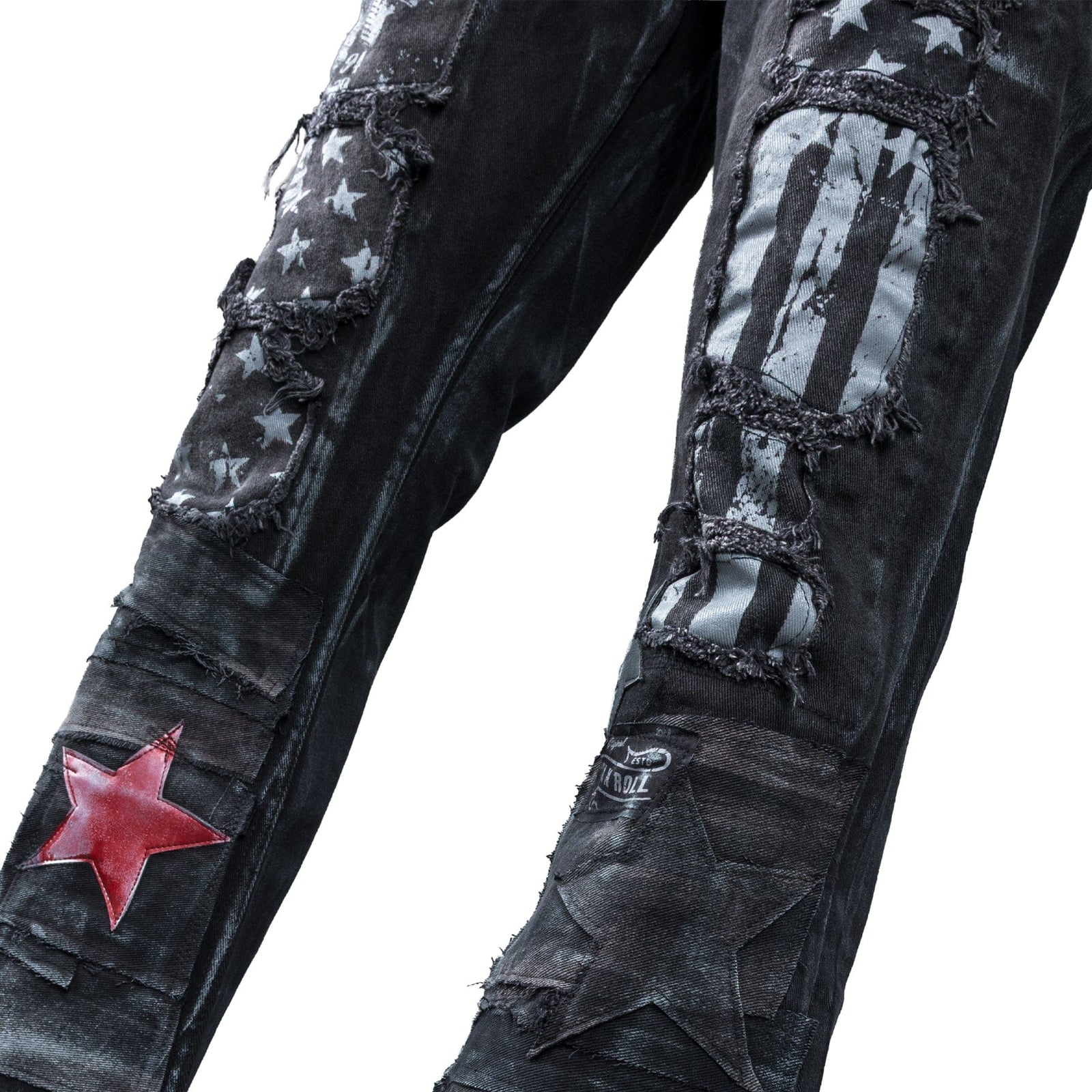 Custom Chop Shop Pants Wornstar Custom Jeans - Ready to Ship - Red Star Cropped Patchwork Jeans - Size 38