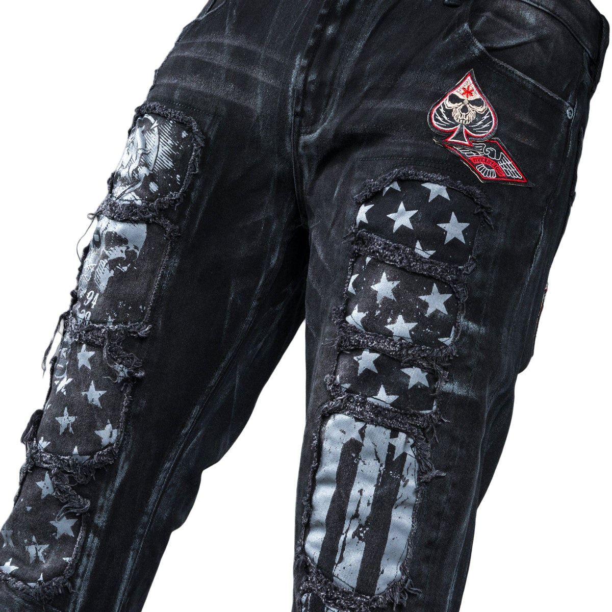 Custom Chop Shop Pants Wornstar Custom Jeans - Ready to Ship - Red Star Cropped Patchwork Jeans - Size 38