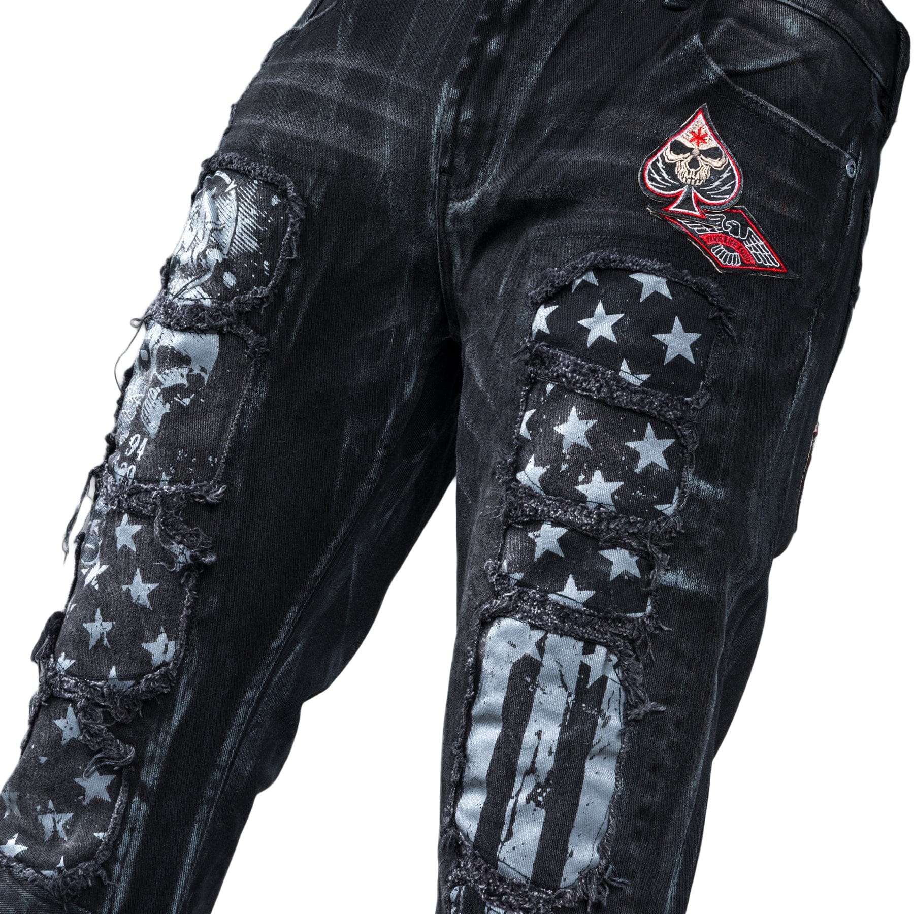 Custom Chop Shop Pants Wornstar Custom Jeans - Ready to Ship - Red Star Cropped Patchwork Jeans - Size 38