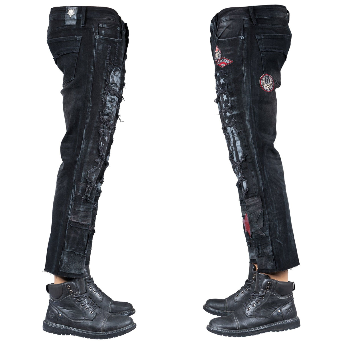 Custom Chop Shop Pants Wornstar Custom Jeans - Ready to Ship - Red Star Cropped Patchwork Jeans - Size 38