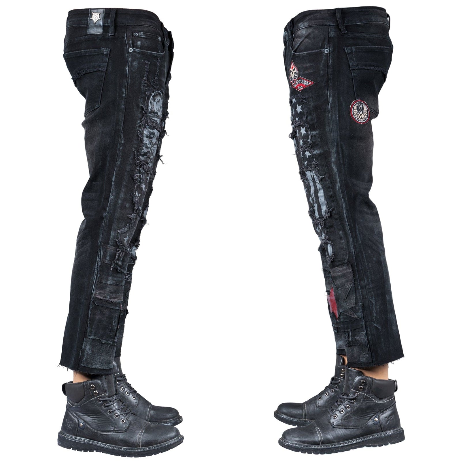 Custom Chop Shop Pants Wornstar Custom Jeans - Ready to Ship - Red Star Cropped Patchwork Jeans - Size 38
