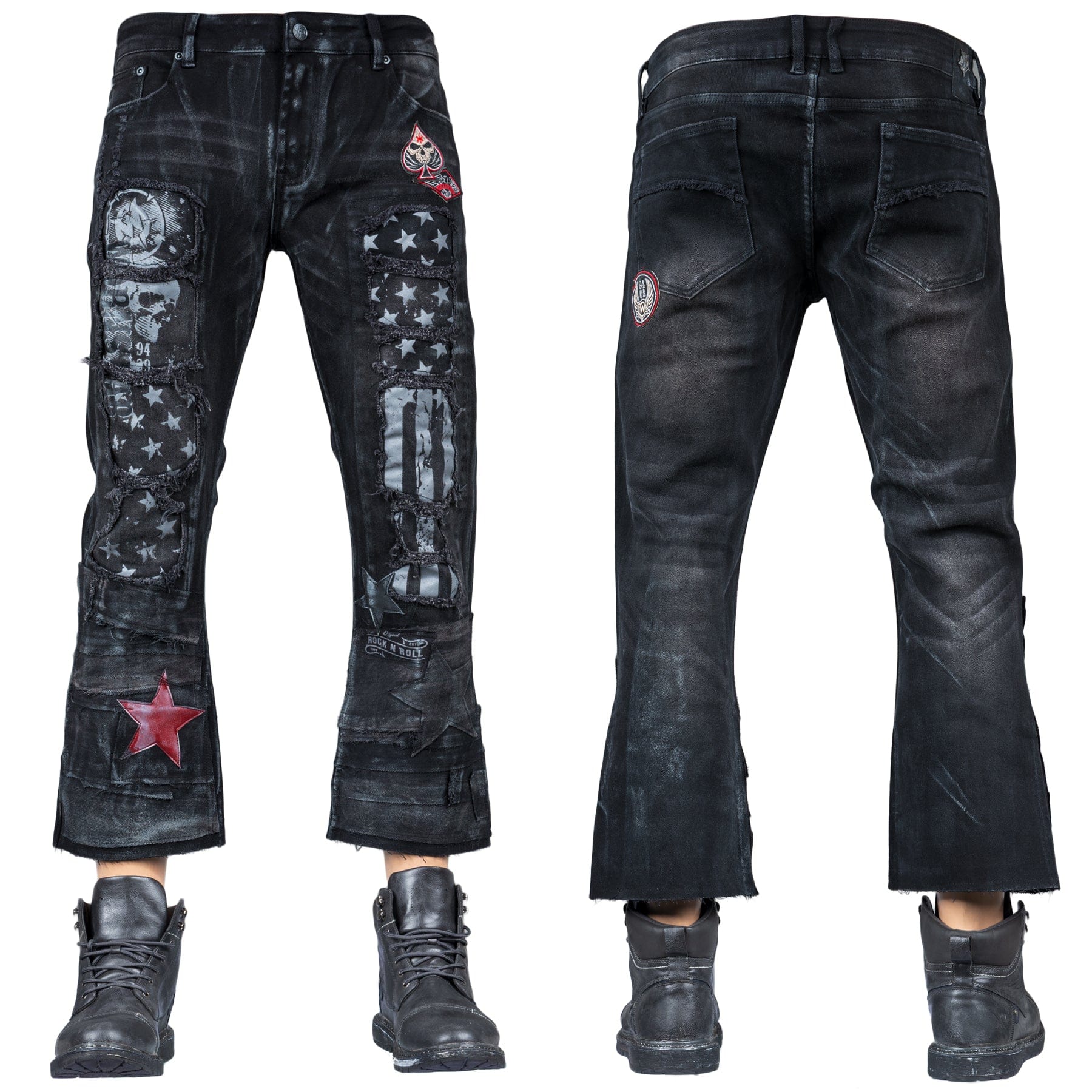 Custom Chop Shop Pants Wornstar Custom Jeans - Ready to Ship - Red Star Cropped Patchwork Jeans - Size 38