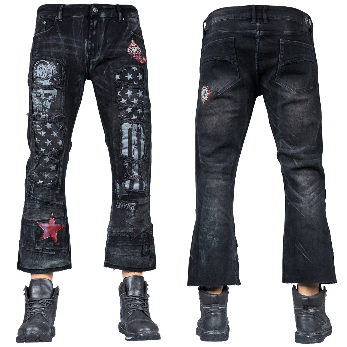 Custom Chop Shop Pants Wornstar Custom Jeans - Ready to Ship - Red Star Cropped Patchwork Jeans - Size 38