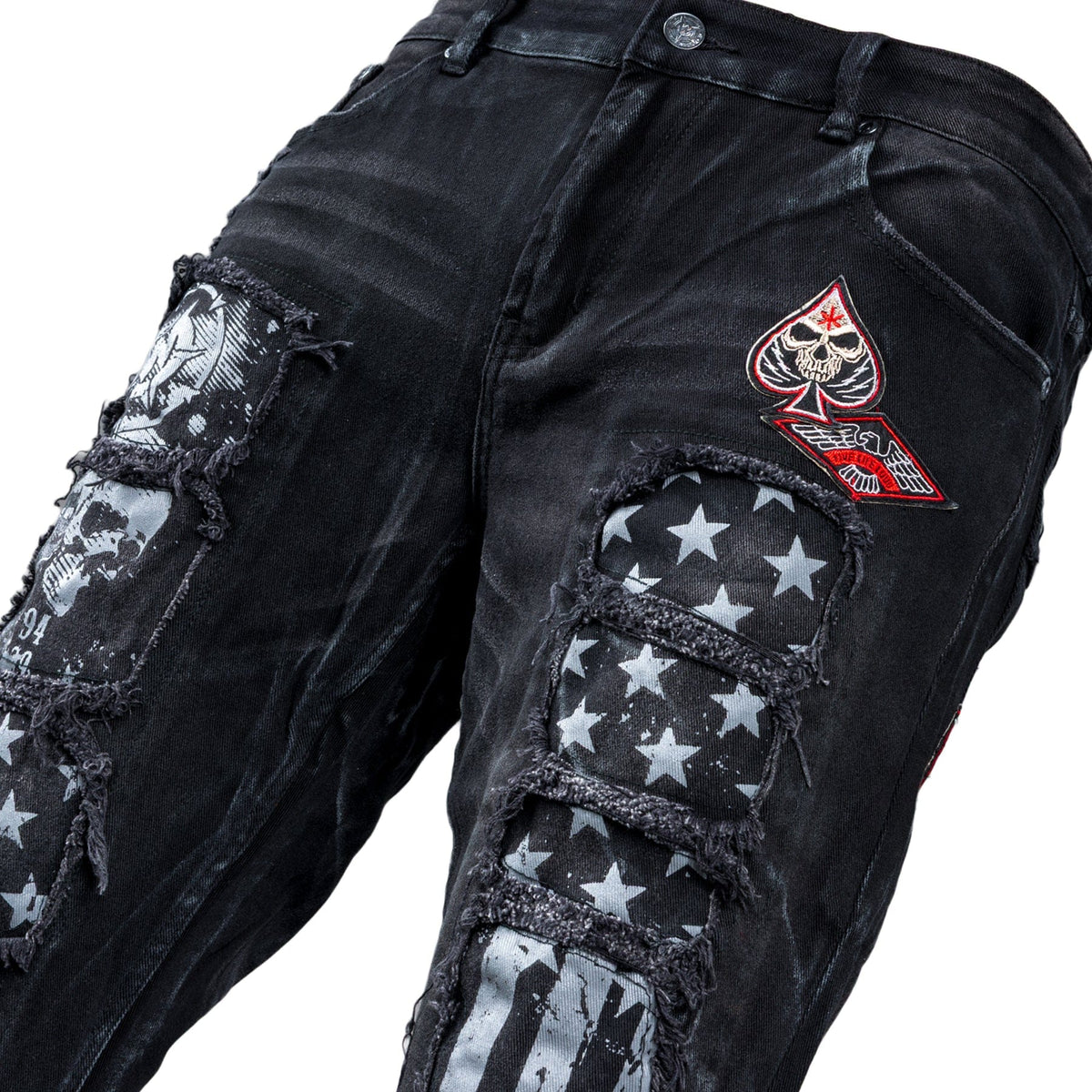 Custom Chop Shop Pants Wornstar Custom Jeans - Ready to Ship - Skull Patch Cropped Patchwork Jeans - Size 38