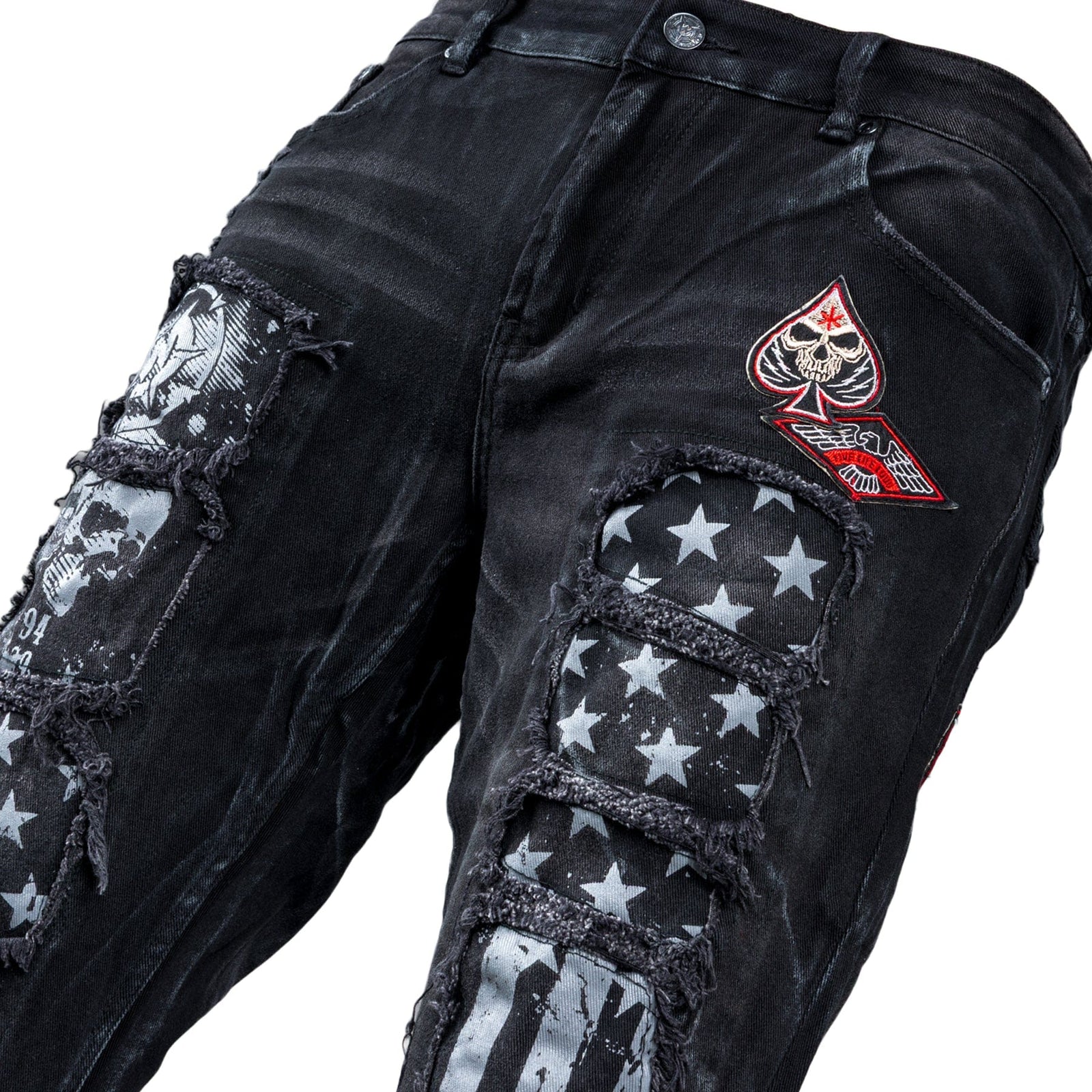 Custom Chop Shop Pants Wornstar Custom Jeans - Ready to Ship - Skull Patch Cropped Patchwork Jeans - Size 38