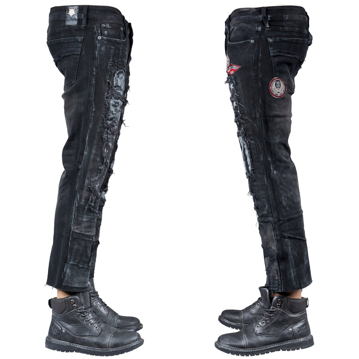 Custom Chop Shop Pants Wornstar Custom Jeans - Ready to Ship - Skull Patch Cropped Patchwork Jeans - Size 38