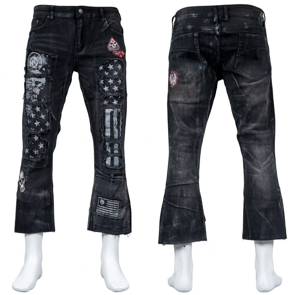 Custom Chop Shop Pants Wornstar Custom Jeans - Ready to Ship - Skull Patch Cropped Patchwork Jeans - Size 38