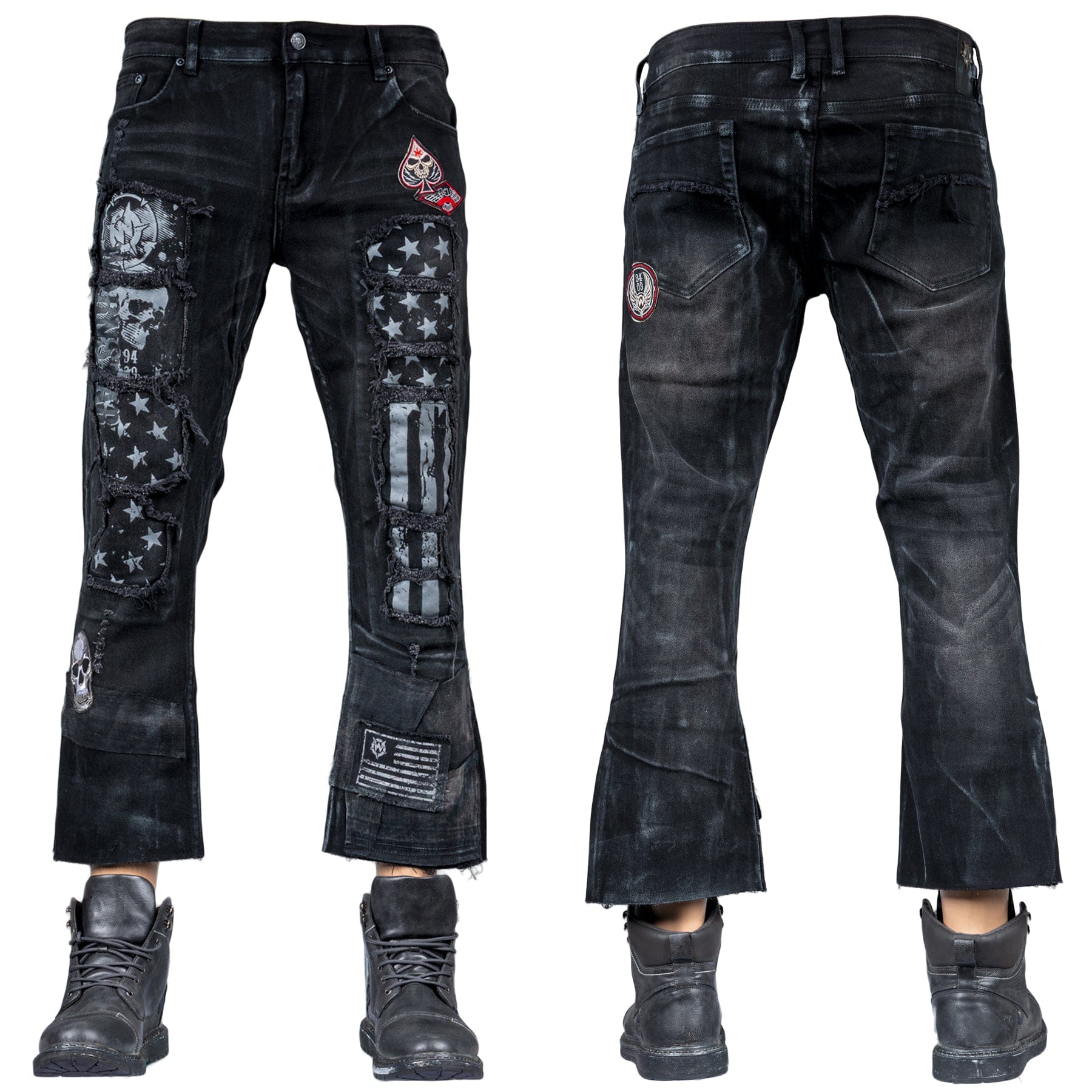 Custom Chop Shop Pants Wornstar Custom Jeans - Ready to Ship - Skull Patch Cropped Patchwork Jeans - Size 38