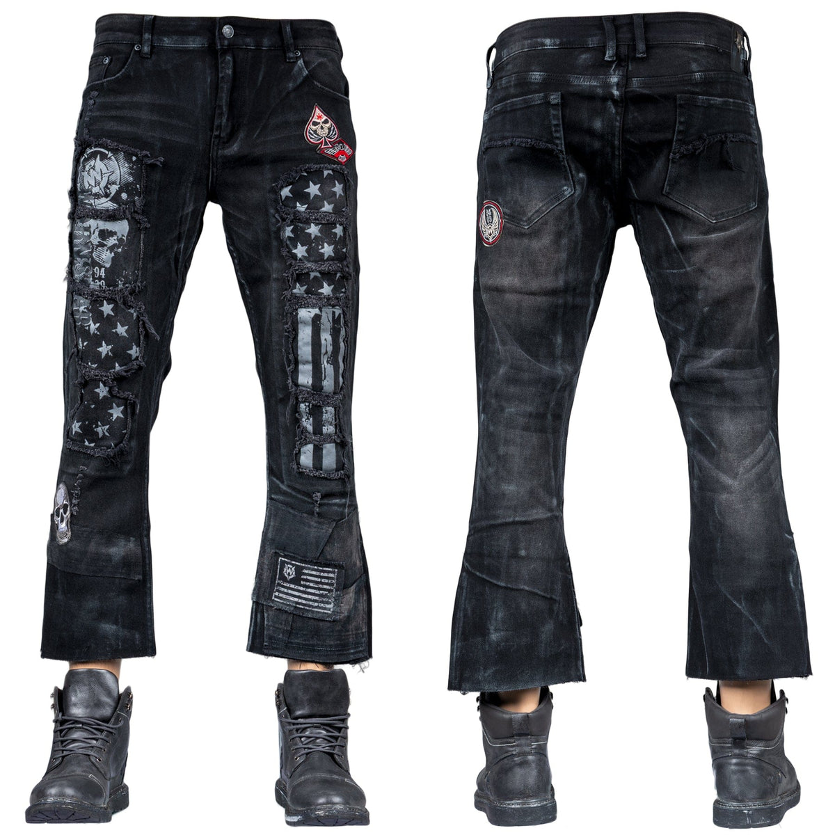 Custom Chop Shop Pants Wornstar Custom Jeans - Ready to Ship - Skull Patch Cropped Patchwork Jeans - Size 38