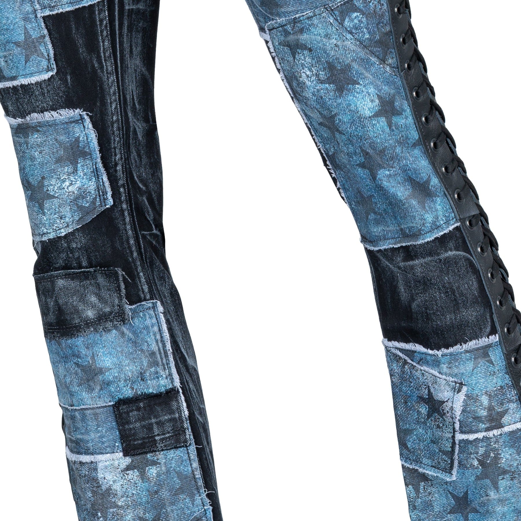 Custom Chop Shop Pants Wornstar Custom Jeans - Ready to Ship - Star Patchwork with Leather Side Lacing - Size 32x33