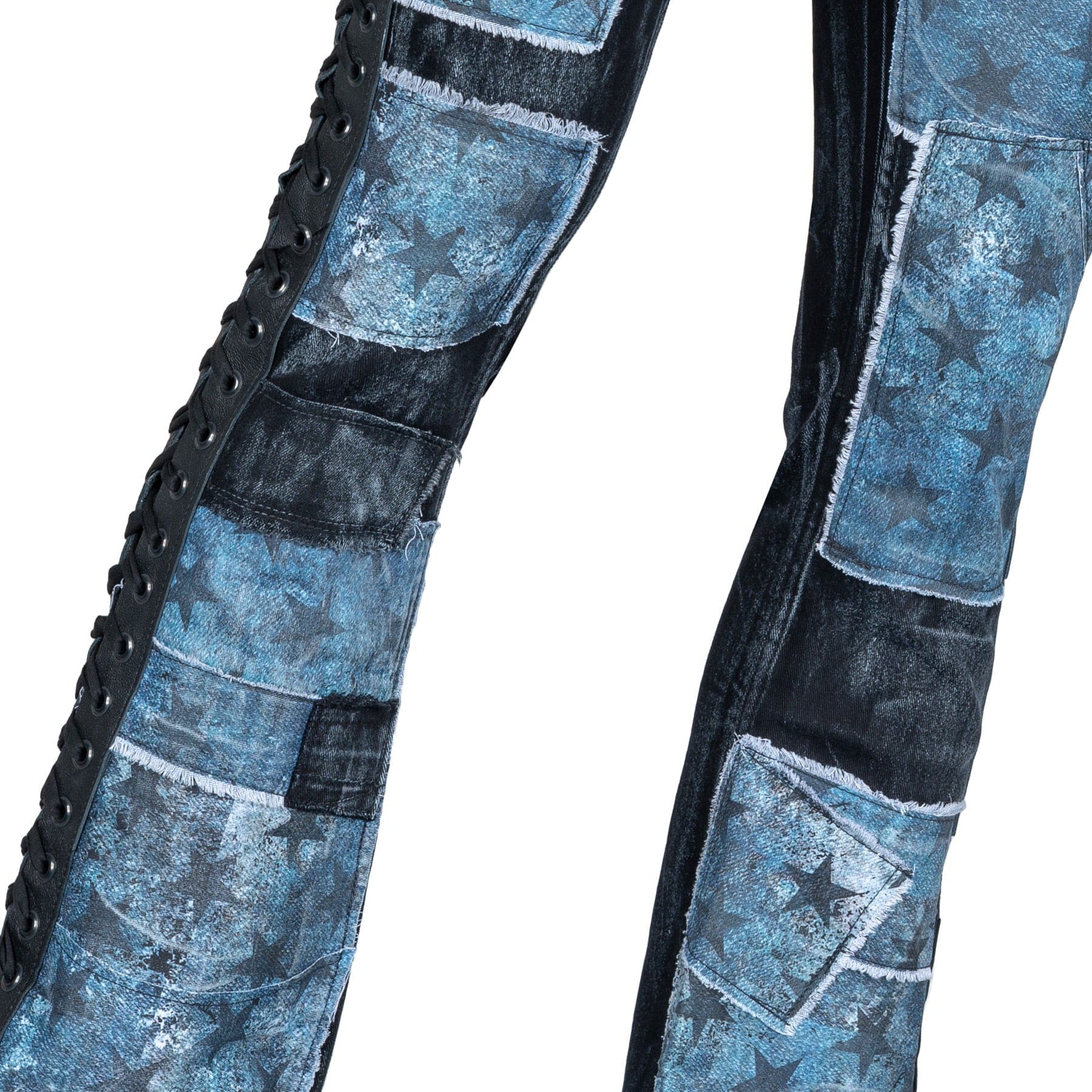 Custom Chop Shop Pants Wornstar Custom Jeans - Ready to Ship - Star Patchwork with Leather Side Lacing - Size 32x33