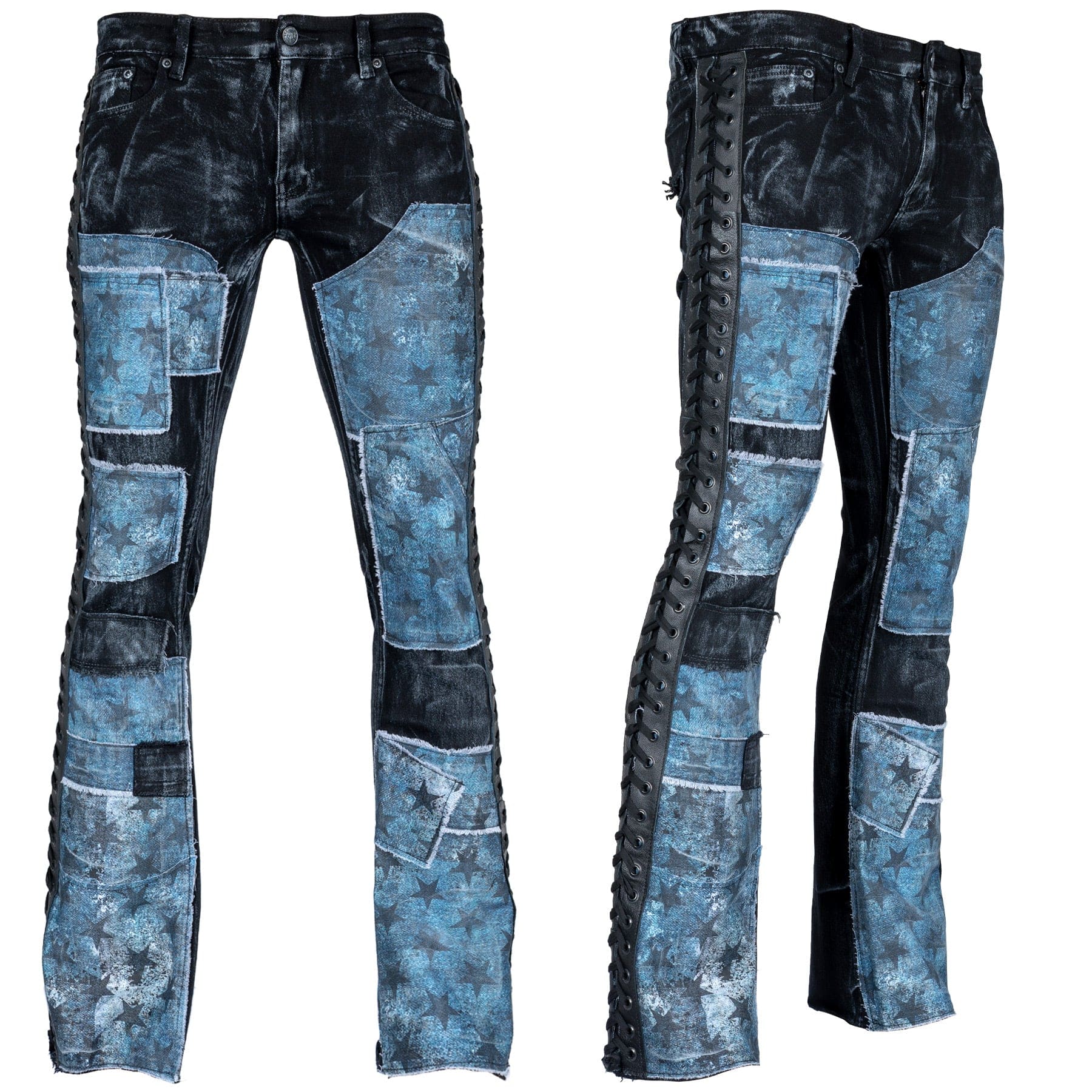 Custom Chop Shop Pants Wornstar Custom Jeans - Ready to Ship - Star Patchwork with Leather Side Lacing - Size 32x33