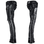 Wornstar Clothing mens custom pants. Handmade custom denim and leather rock pants. Rocker style black stretch denim custom made stage pants.